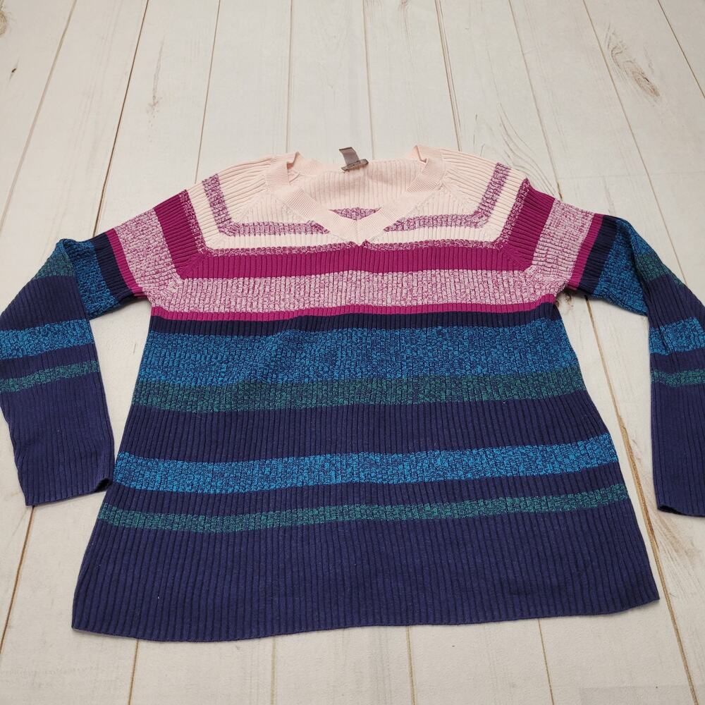 Chicos Color block ribbed V neck striped sweater cotton
